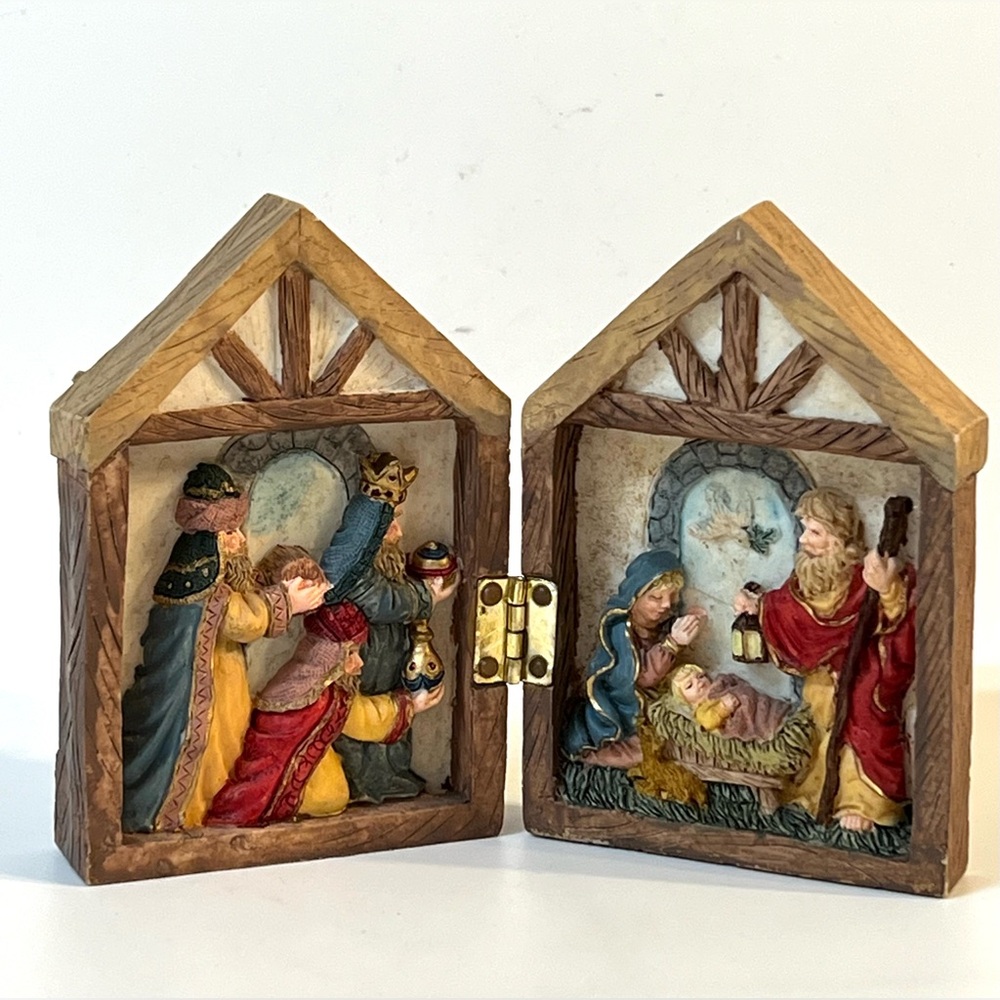 Nativity Scene Resin Small Brown Stable Mary Joseph Baby Jesus 3 Wise Men Angel